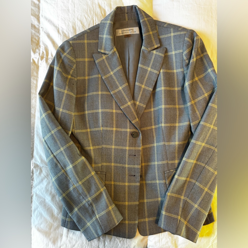 Tahari Gray and Yellow Plaid Blazer